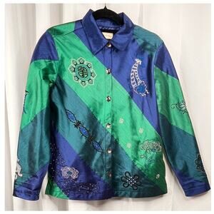 Marsh Landing Asian Inspired Motif Embroidered blue/green blouse, blazer SM